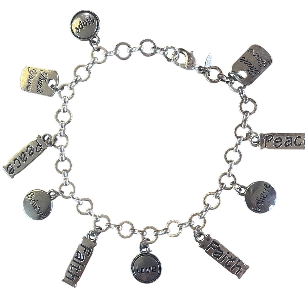 AVON Silver Tone Charm Bracelet Faith Hope Love Peace Believe Thank You Women - Picture 4 of 12